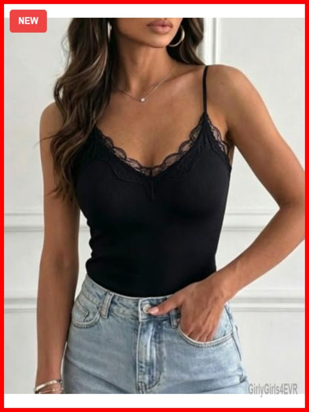 Built-in Bra Cami Tank Top Lace Trim Spaghetti Straps Slim Fit Ribbed Tops - Picture 2 of 7